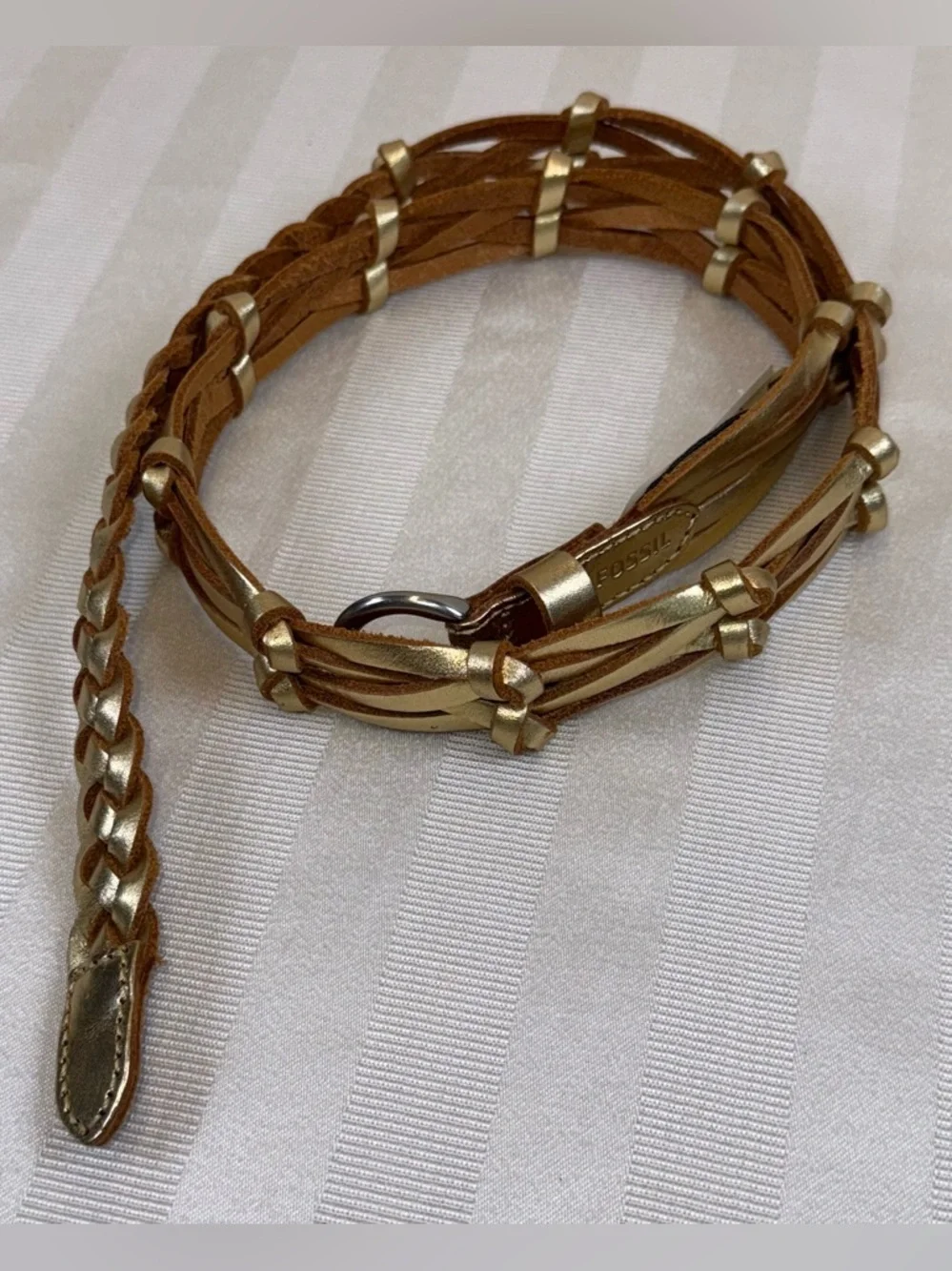 Fossil Gold Metallic Braided Leather Belt Sz-Medium